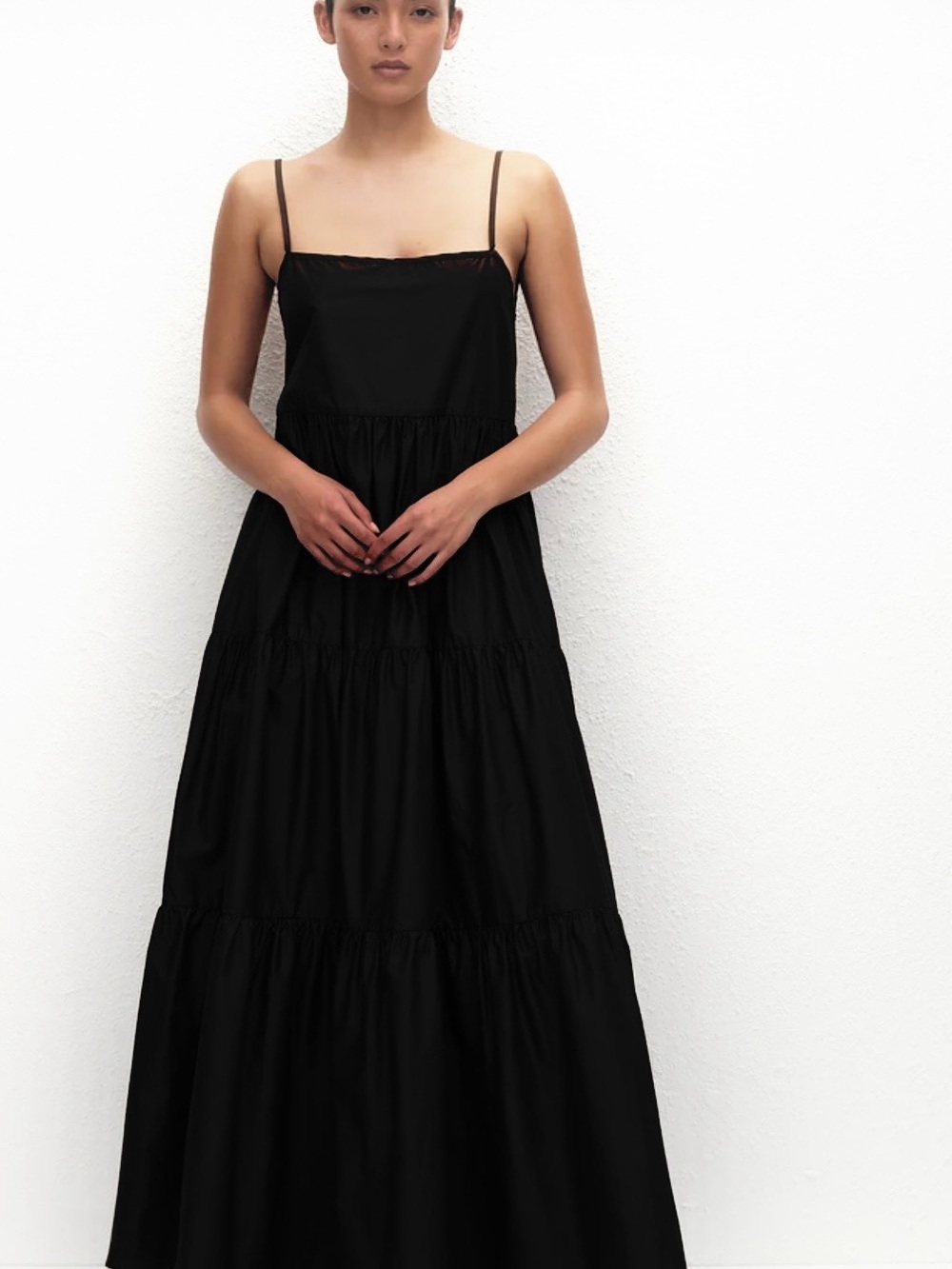 Matteau Black Spaghetti-Strap Tiered Low Back Maxi Dress